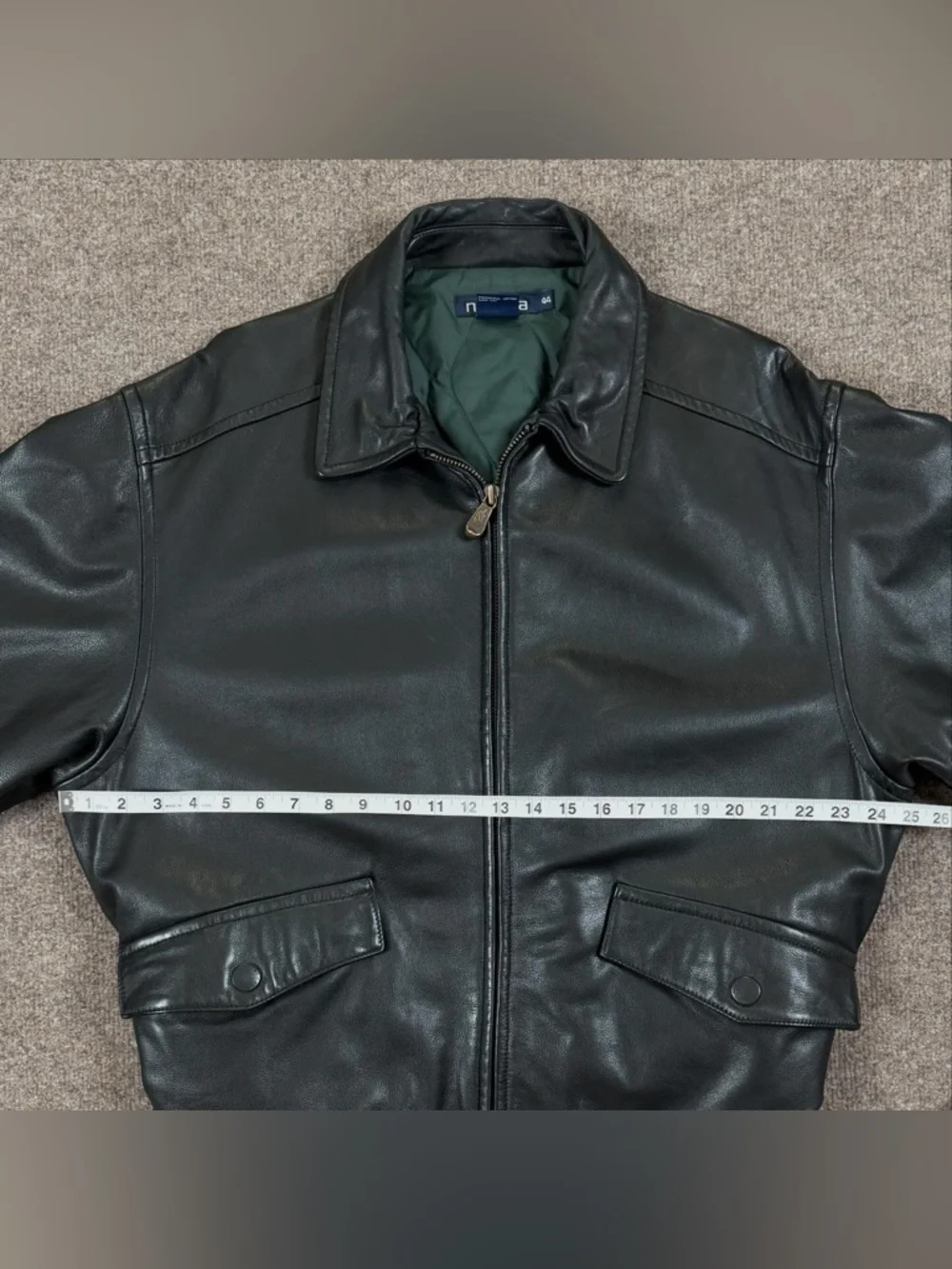 Vintage Nautica Black Leather Full Zip Moto Jacket Men’s 44 XL Waist Buckle 90s